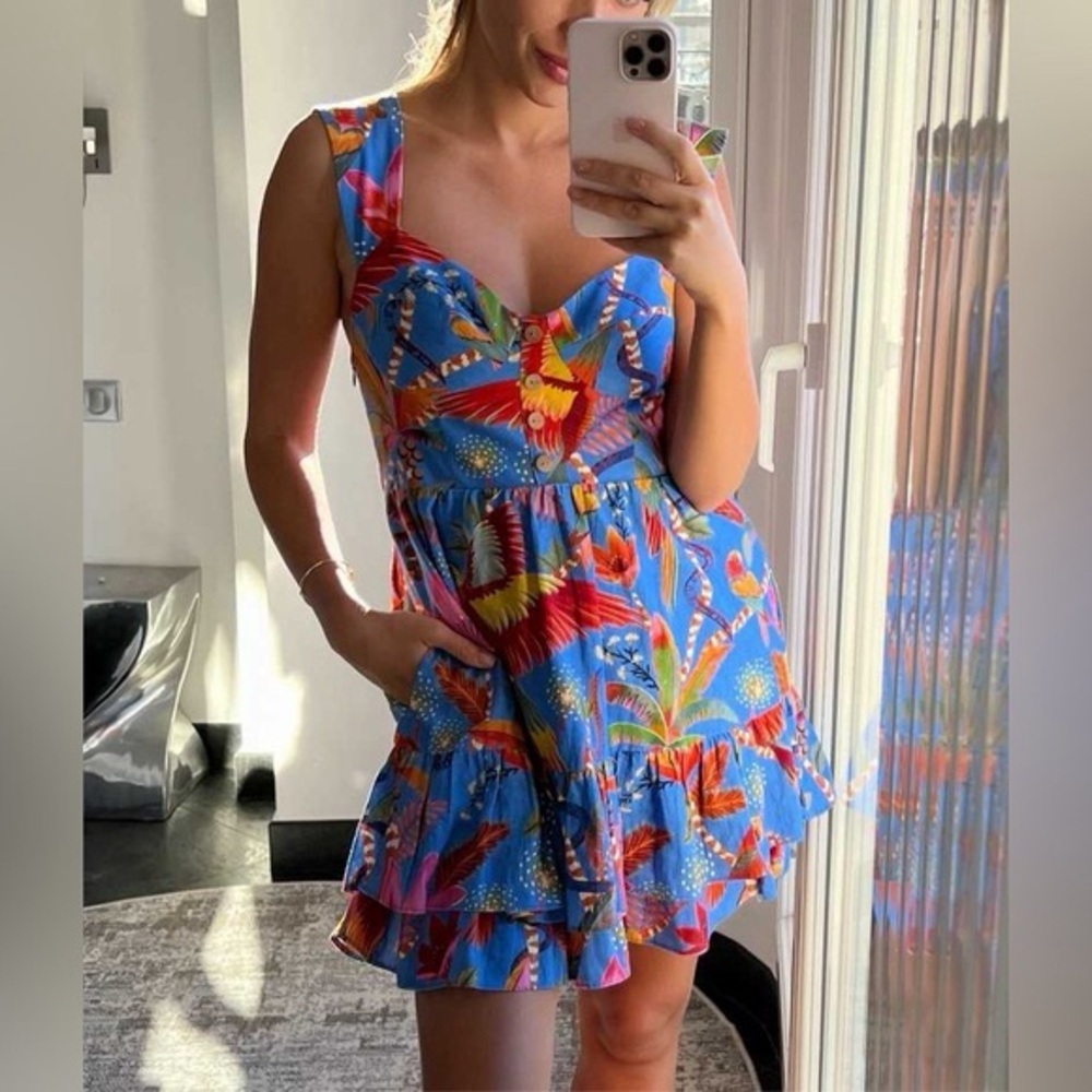FARM Rio Macaw Party Tiered Linen Blend Fit & Flare Mini Dress